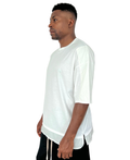 White T-Shirt with Extended Hem and Suede-Effect Detail