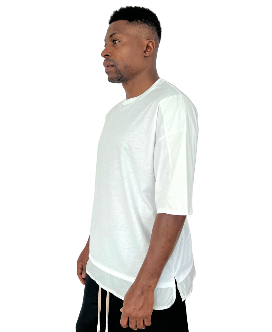 White T-Shirt with Extended Hem and Suede-Effect Detail