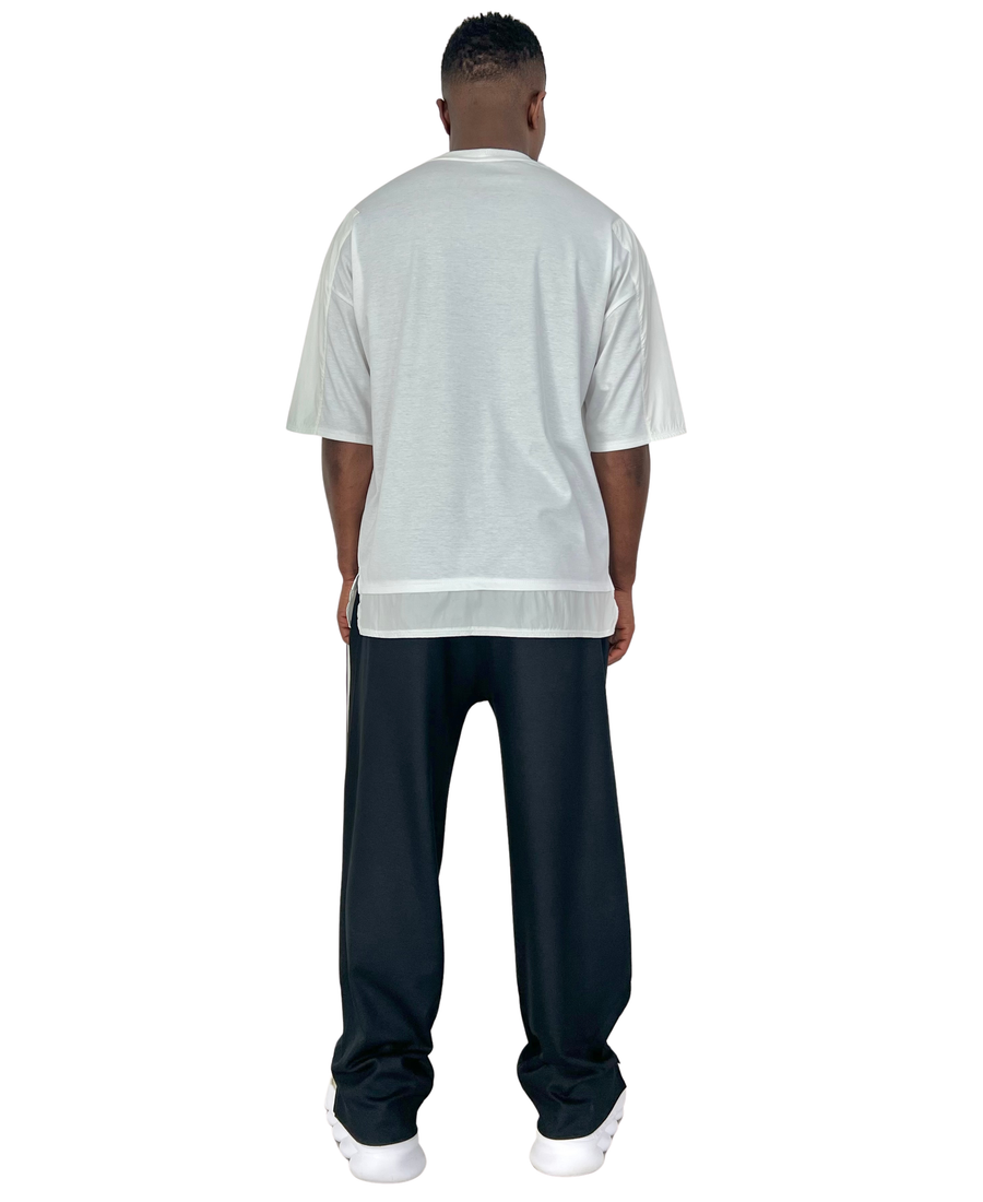 White T-Shirt with Extended Hem and Suede-Effect Detail