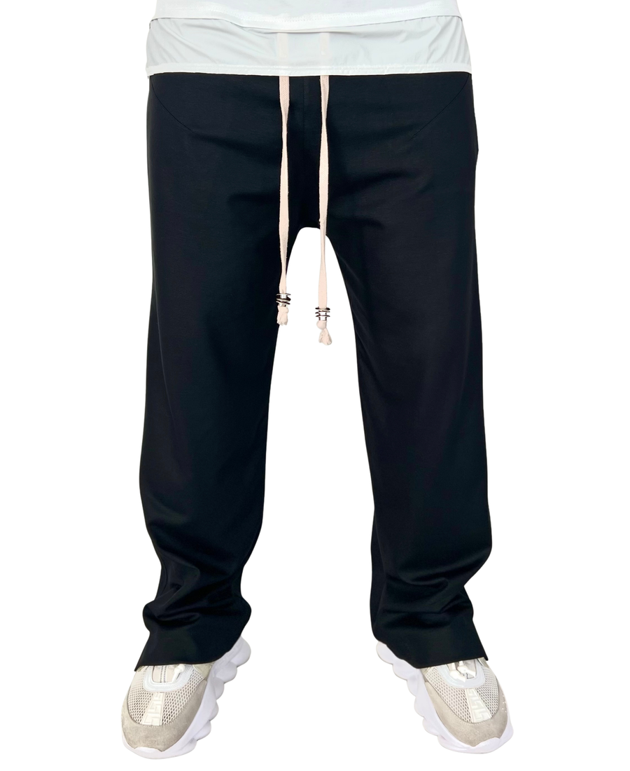 Black Trousers with Cream Drawstring and Design Stitching