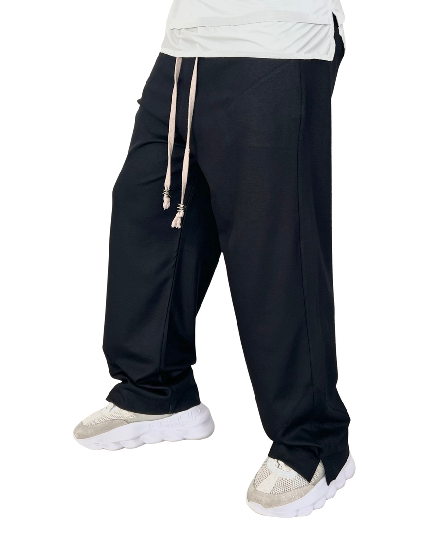 Black Trousers with Cream Drawstring and Design Stitching