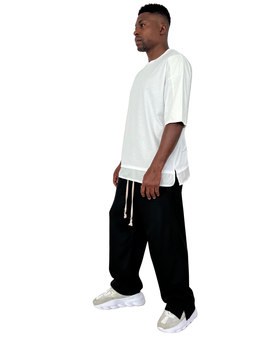 Black Trousers with Cream Drawstring and Design Stitching