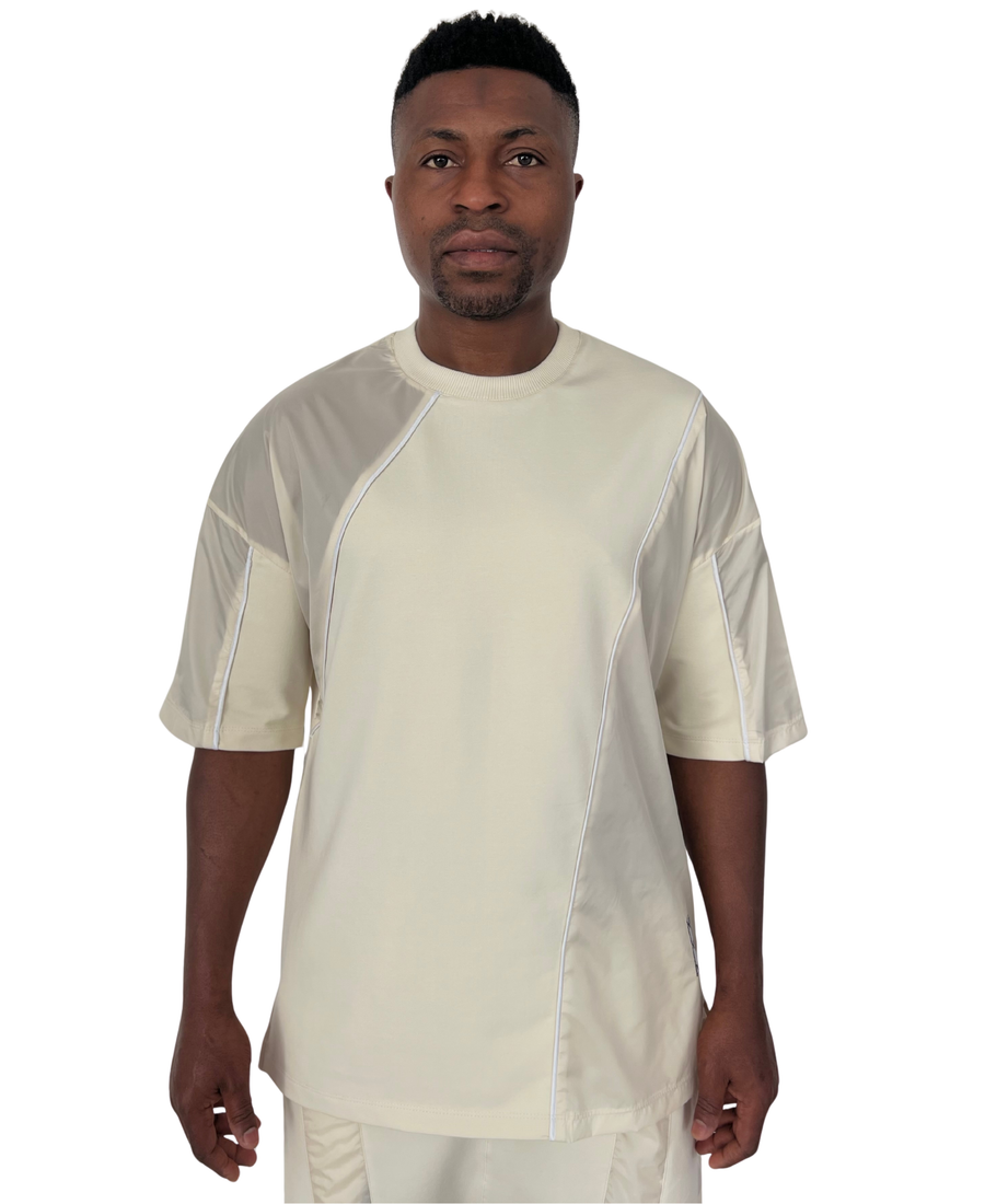 Cream T-Shirt with Panel Detail and White Piping