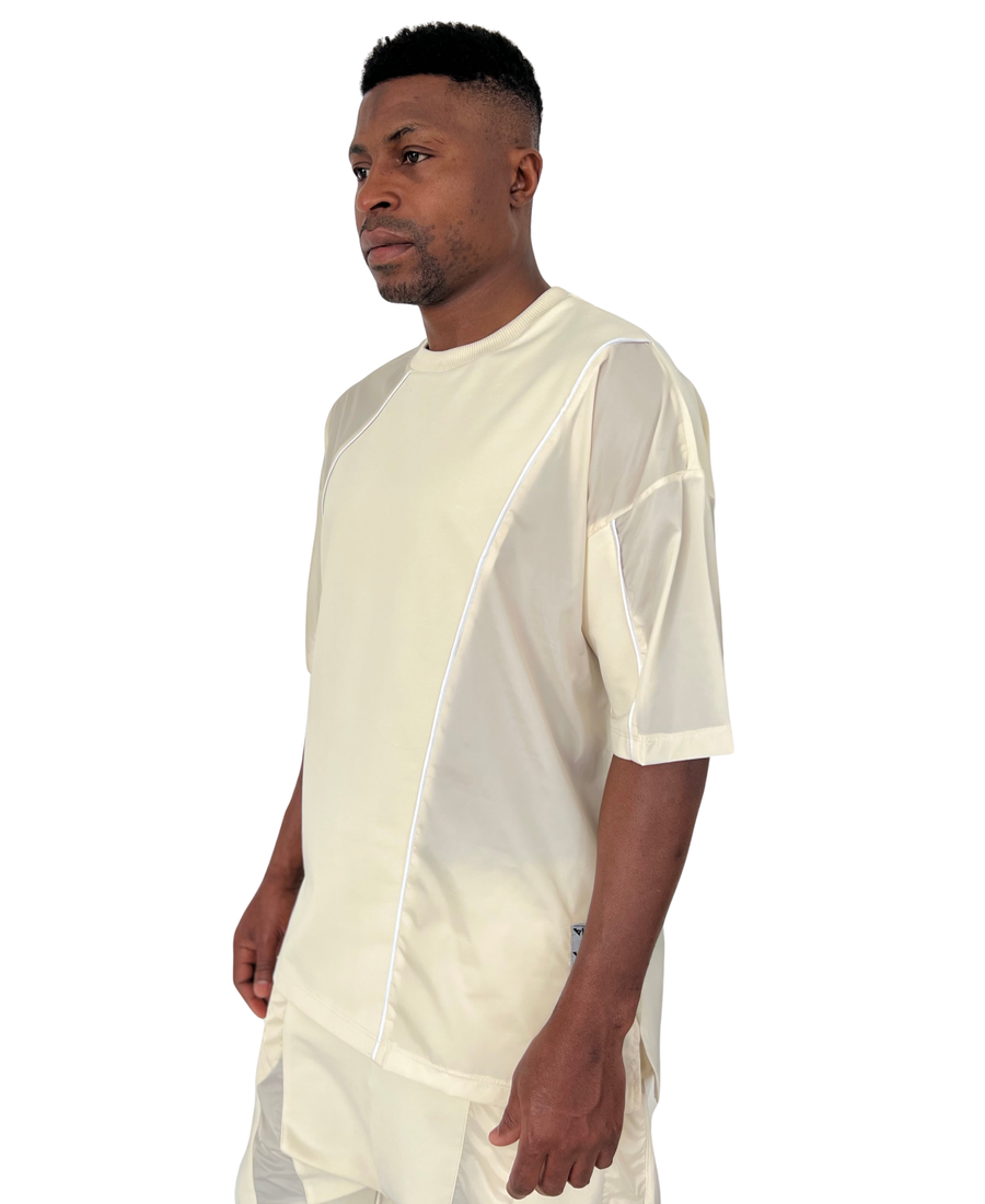 Cream T-Shirt with Panel Detail and White Piping