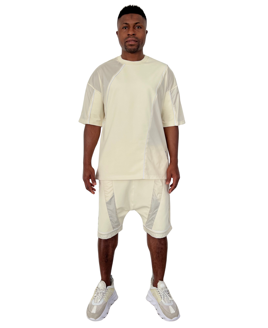Cream T-Shirt with Panel Detail and White Piping