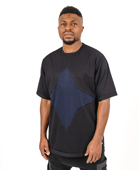 Tricou negru oversize cu design albastru