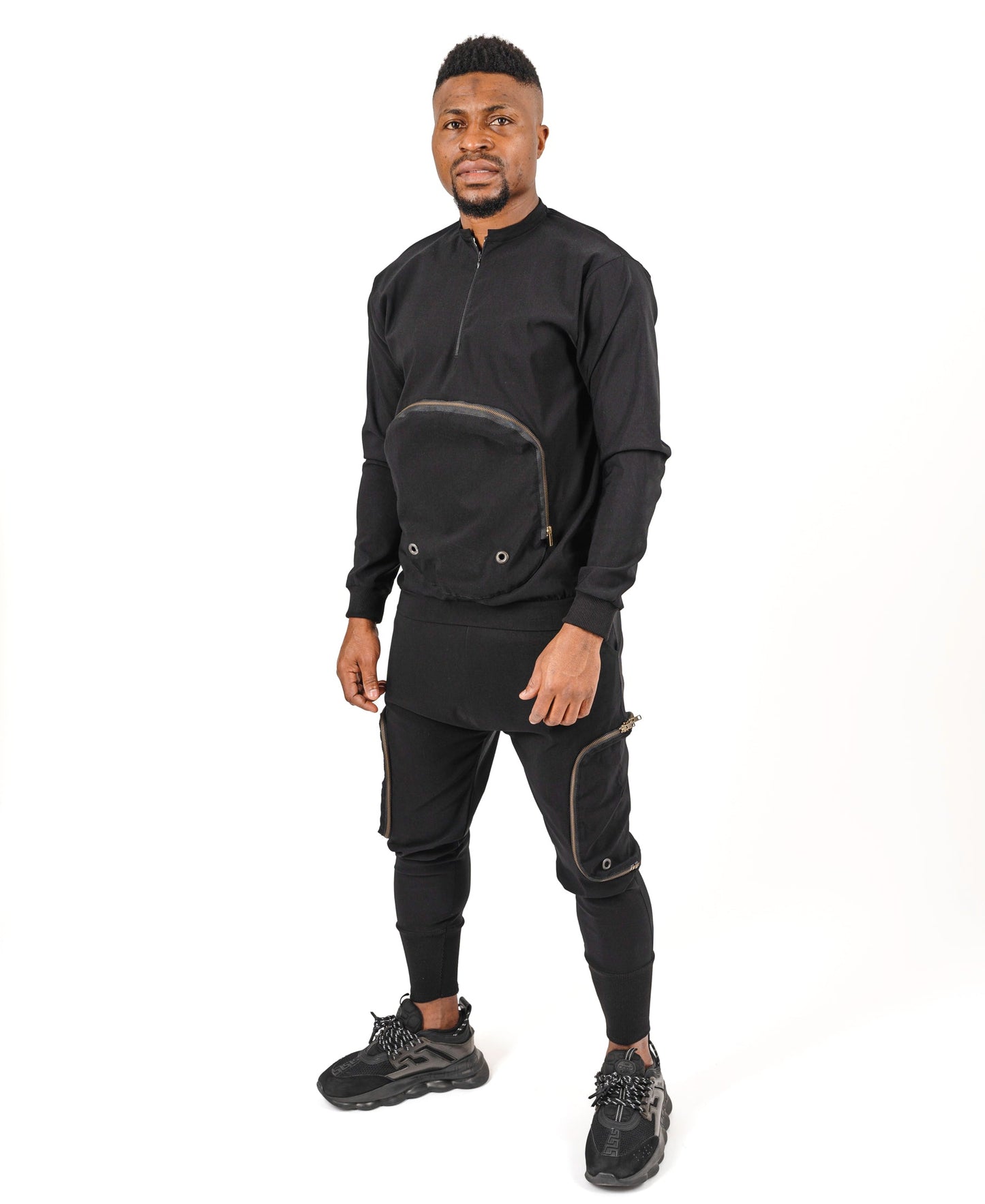 Black Two-Piece Set with Brass Zippers and Detachable Pocket