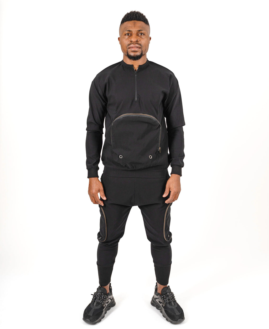 Black Two-Piece Set with Brass Zippers and Detachable Pocket