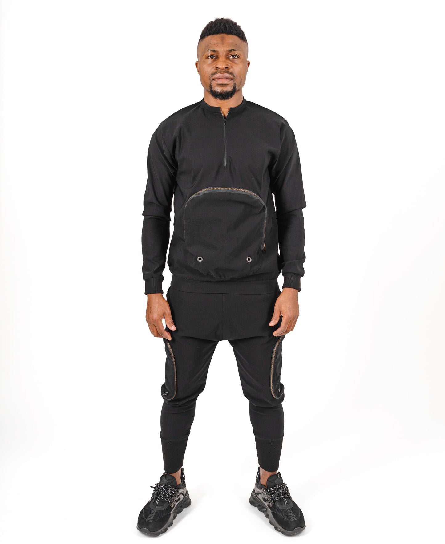 Black Two-Piece Set with Brass Zippers and Detachable Pocket