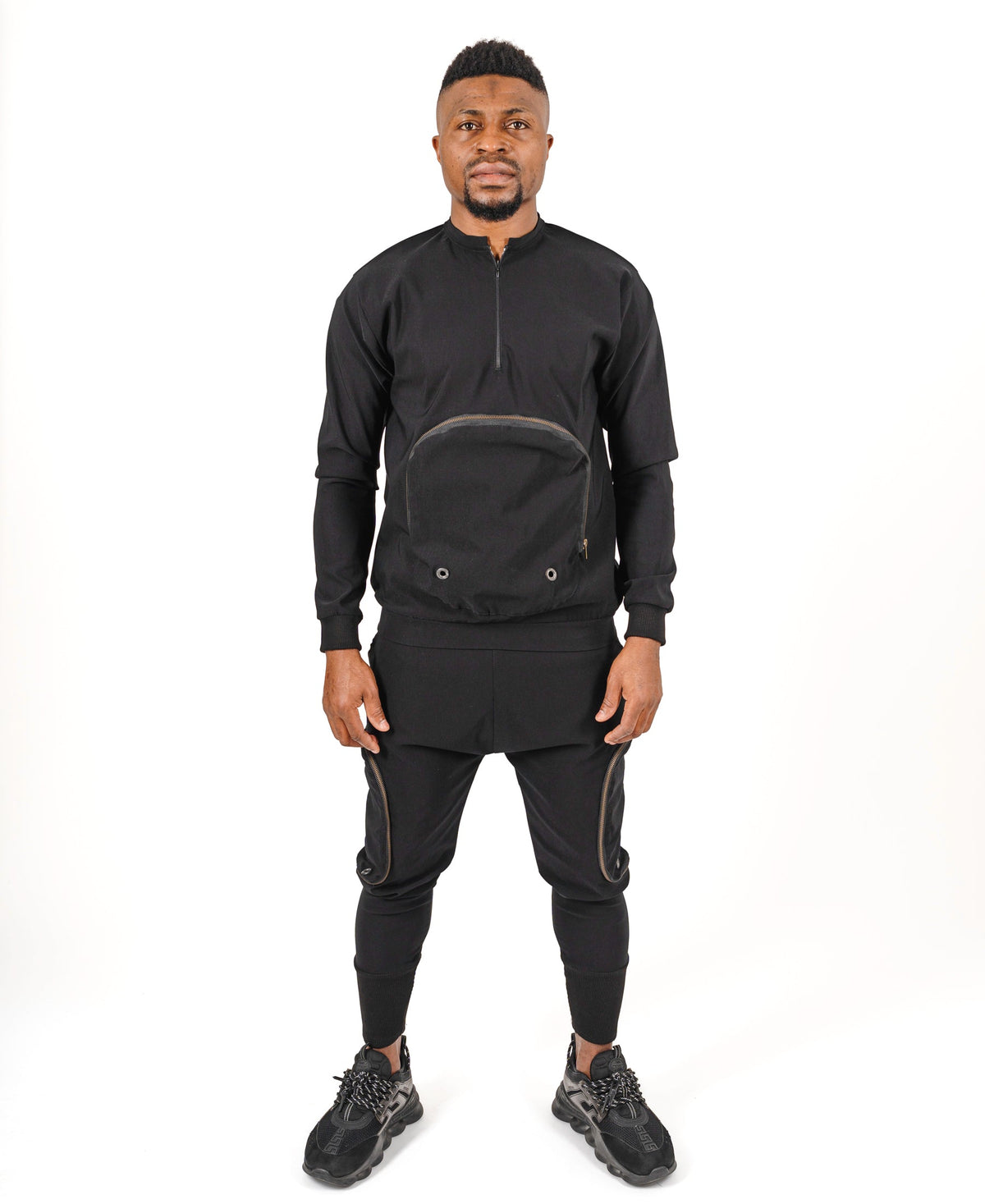 Black Two-Piece Set with Brass Zippers and Detachable Pocket