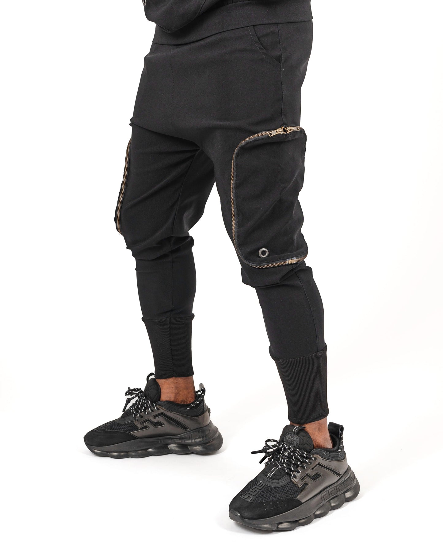 Black trousers with removable side pockets