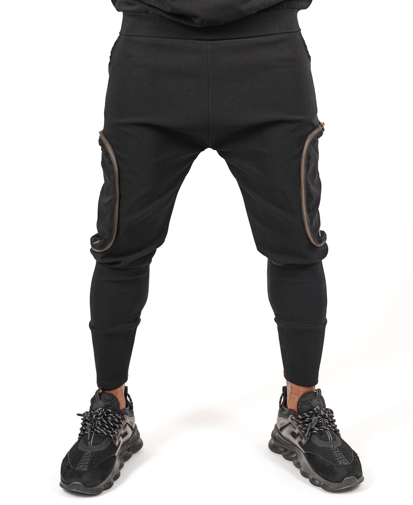 Black trousers with removable side pockets