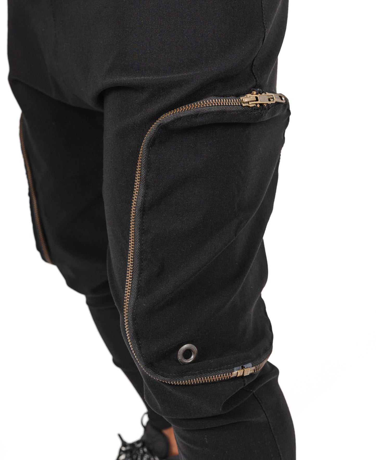 Black trousers with removable side pockets