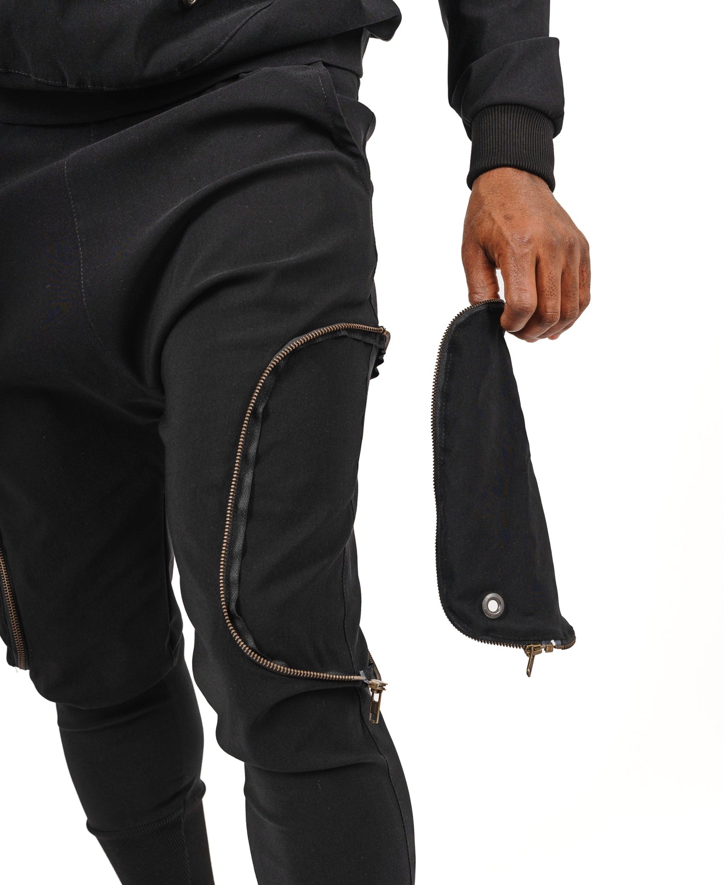 Black trousers with removable side pockets