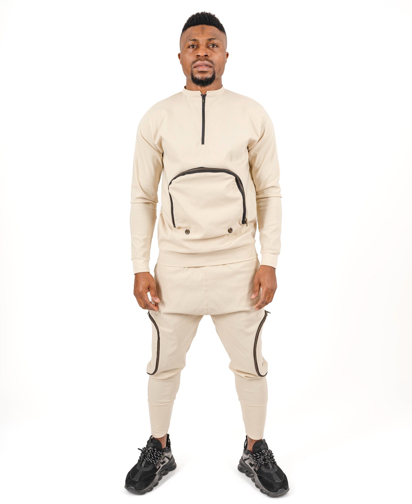 Cream Two-Piece Set with Brass Zippers and Detachable Pocket