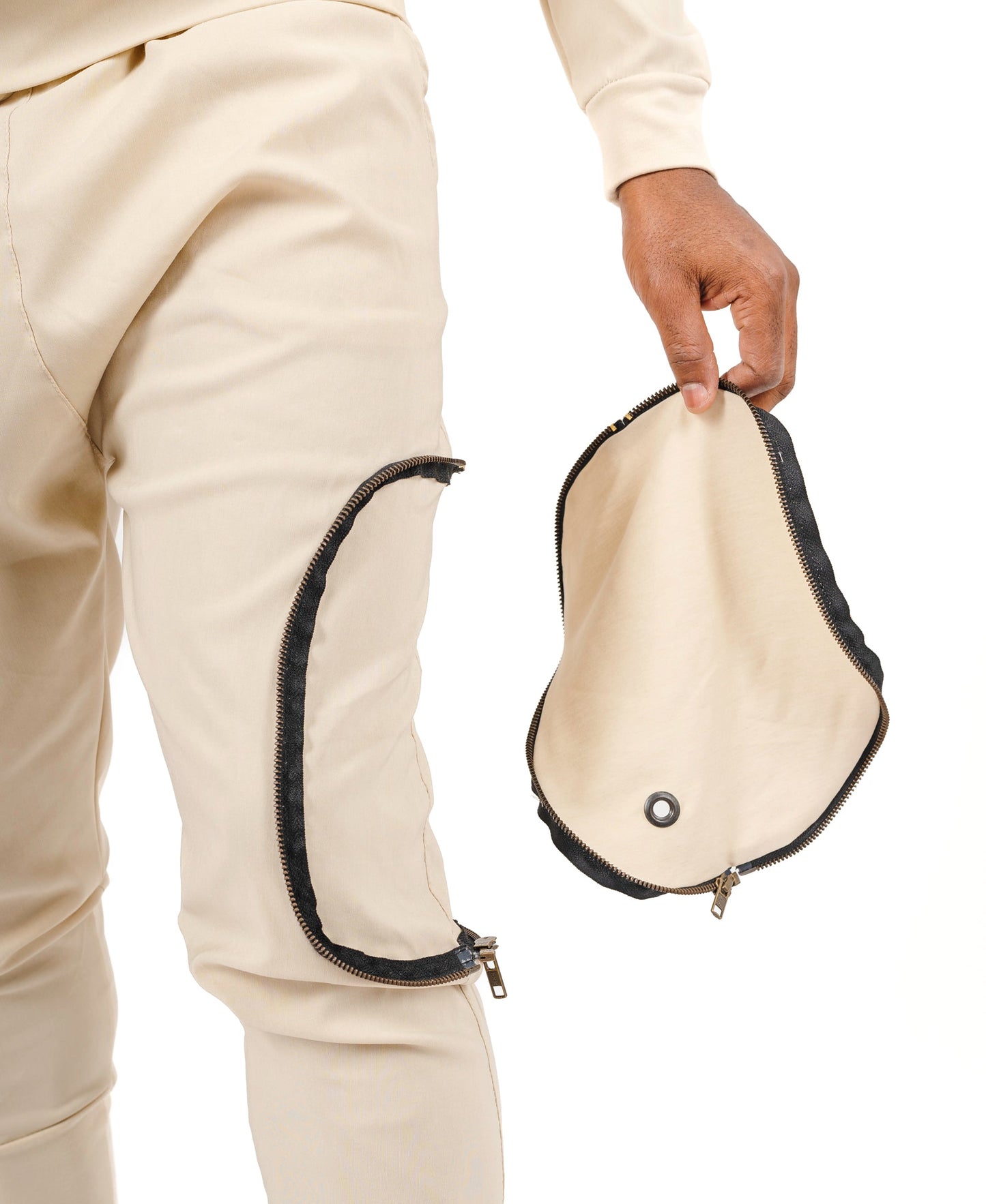 Cream Two-Piece Set with Brass Zippers and Detachable Pocket