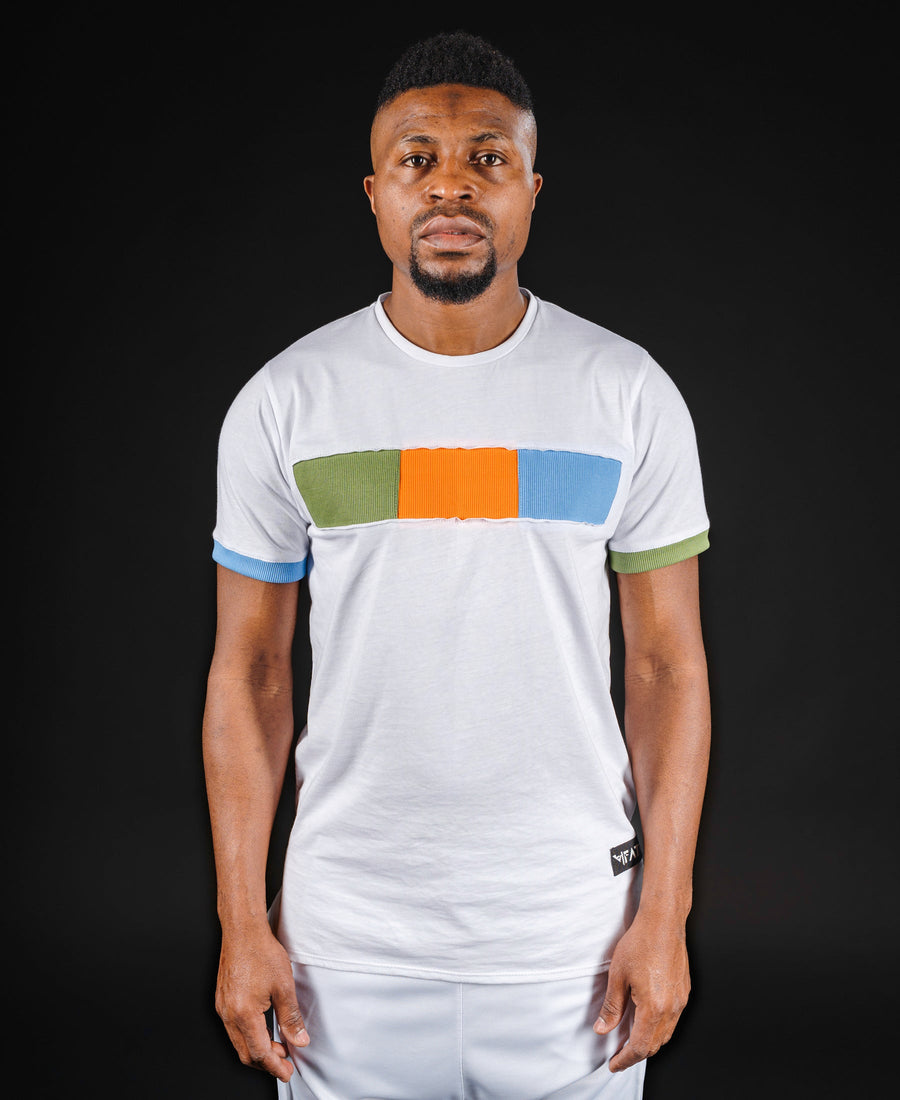 White T-Shirt with Three-Tone Design