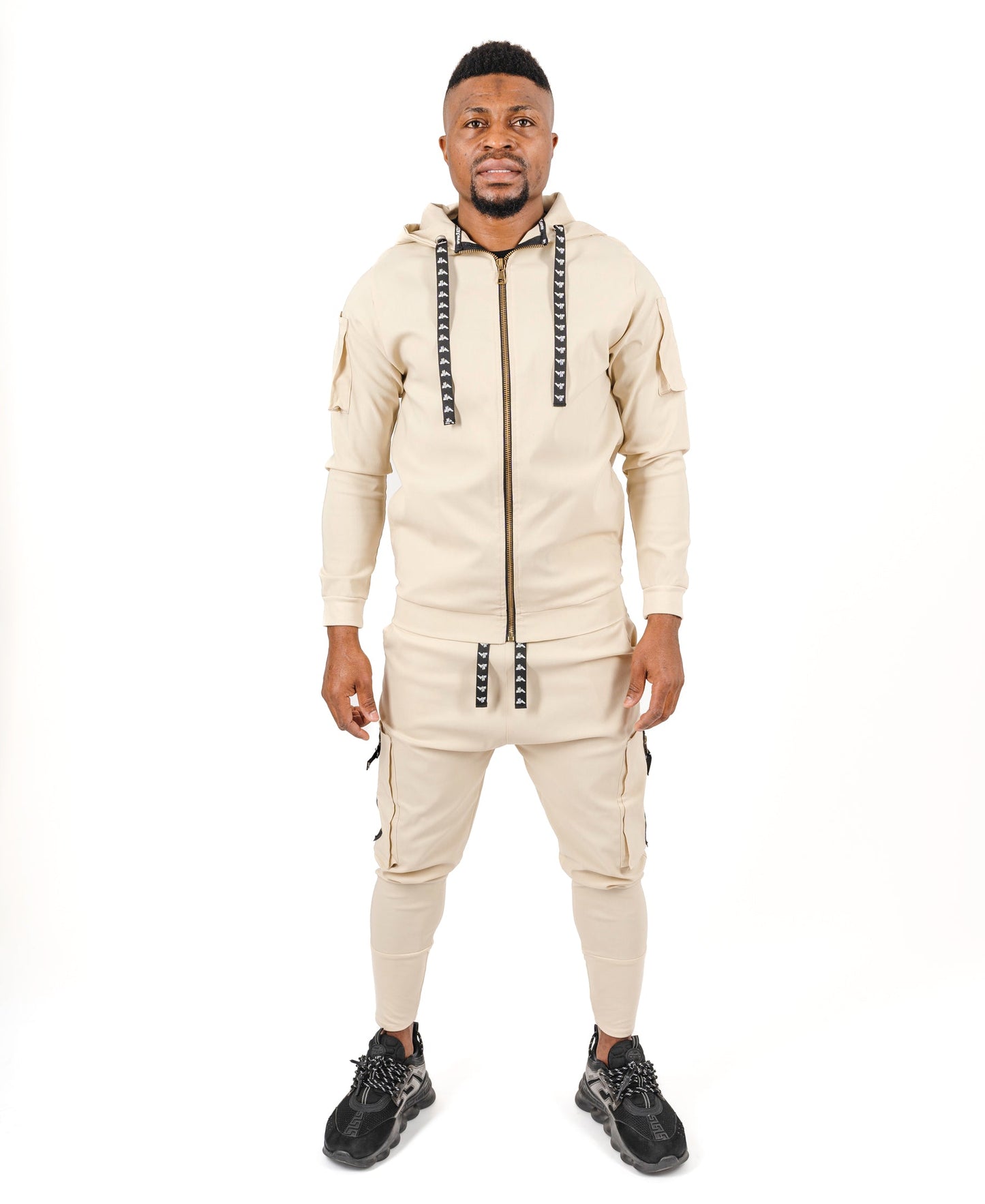 Cream Two-Piece Set with Patch Pockets and Logo Drawstring