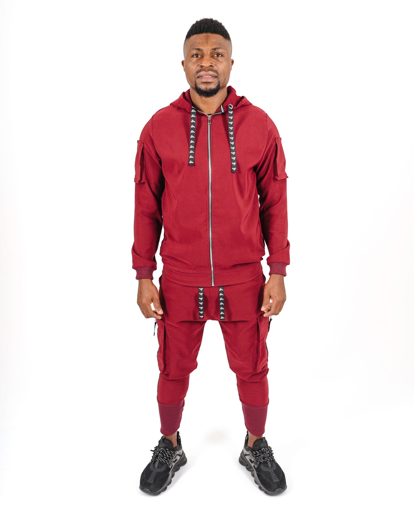 Burgundy Two-Piece Set with Patch Pockets and Logo Drawstring