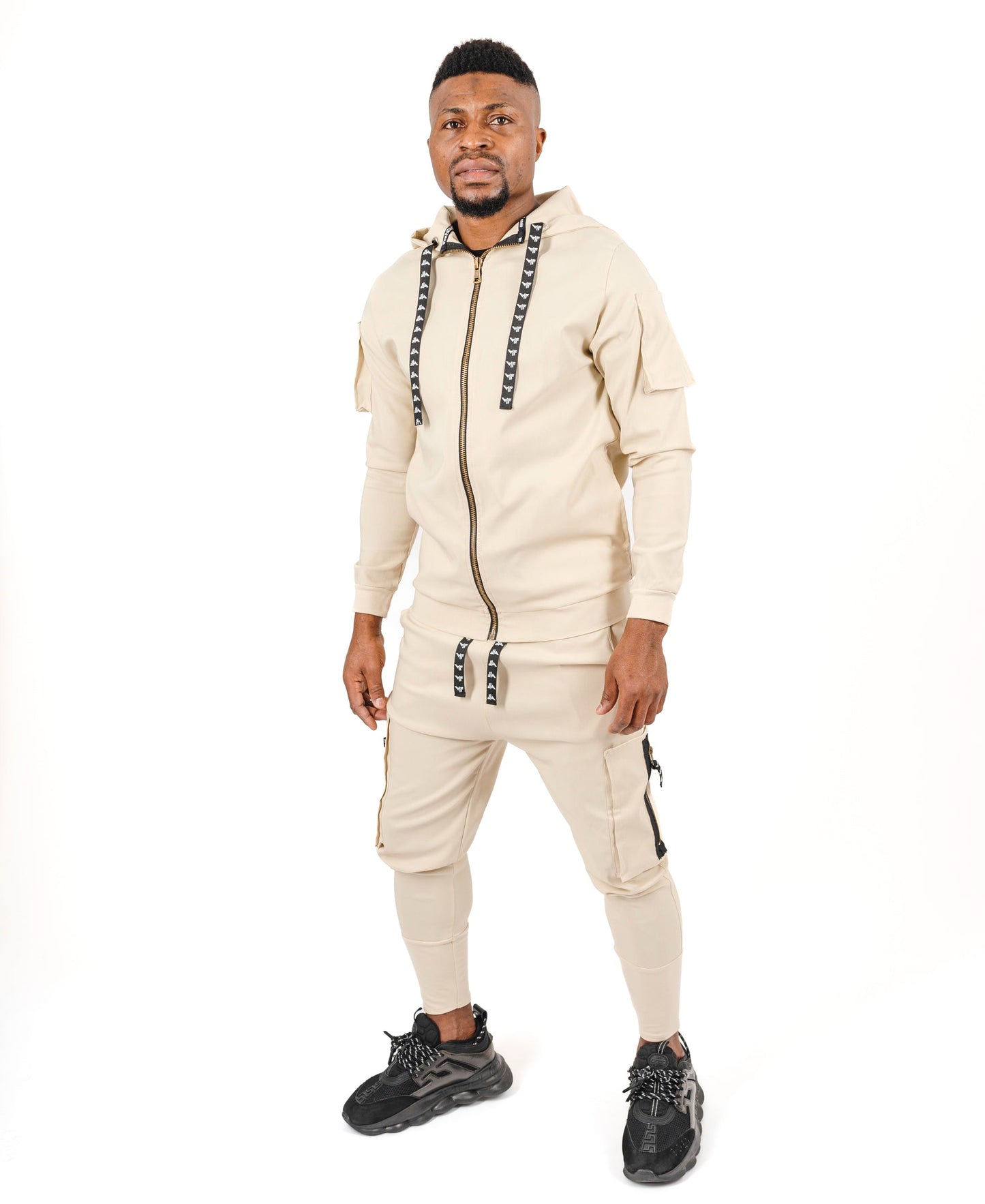 Cream Two-Piece Set with Patch Pockets and Logo Drawstring