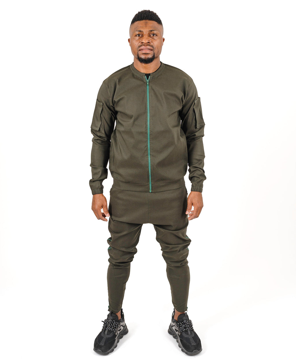 Khaki Two-Piece Set with Green Zip Trim