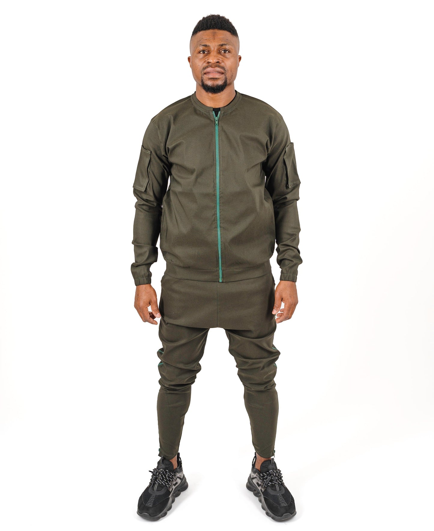 Khaki Two-Piece Set with Green Zip Trim