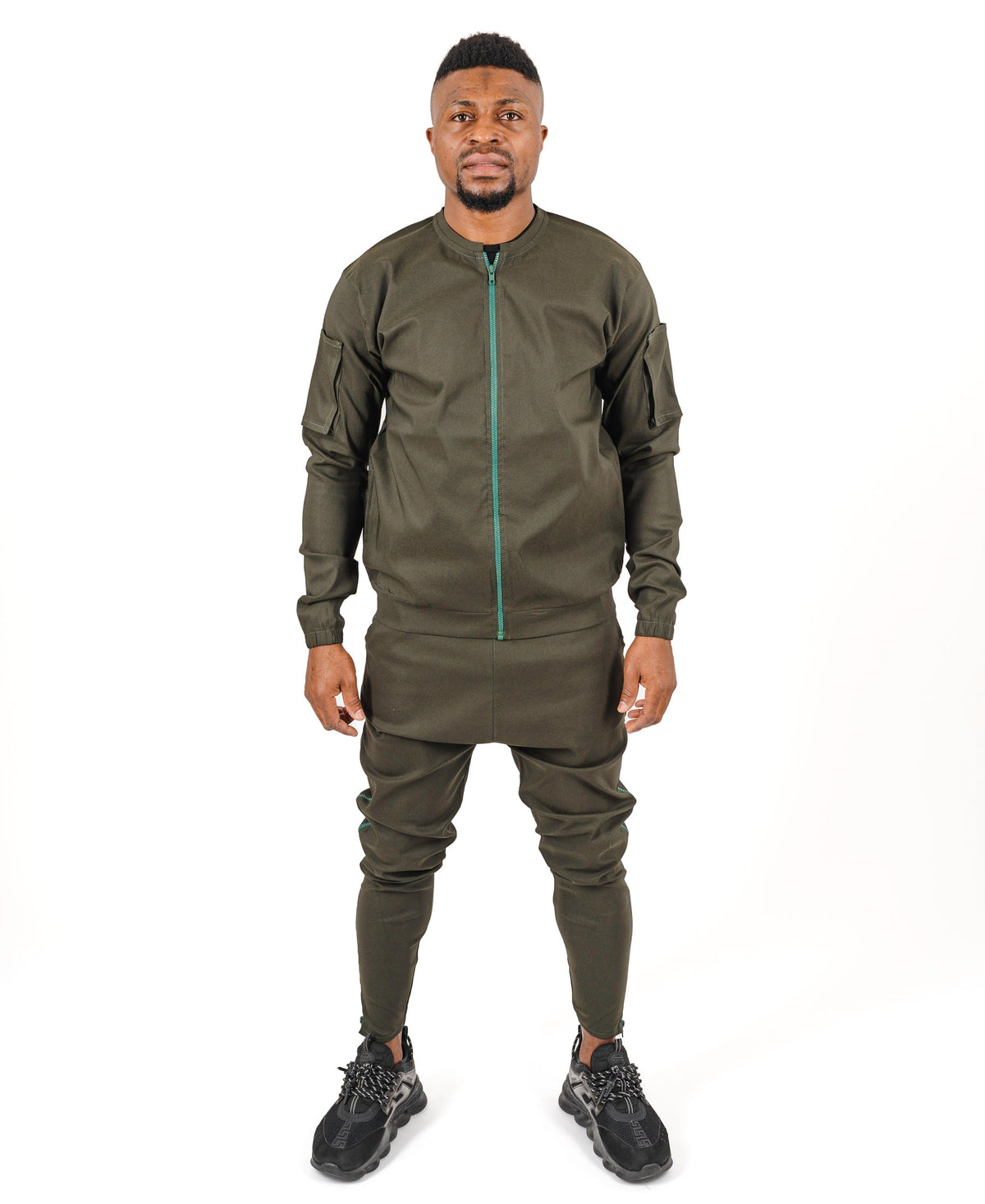 Khaki Two-Piece Set with Green Zip Trim