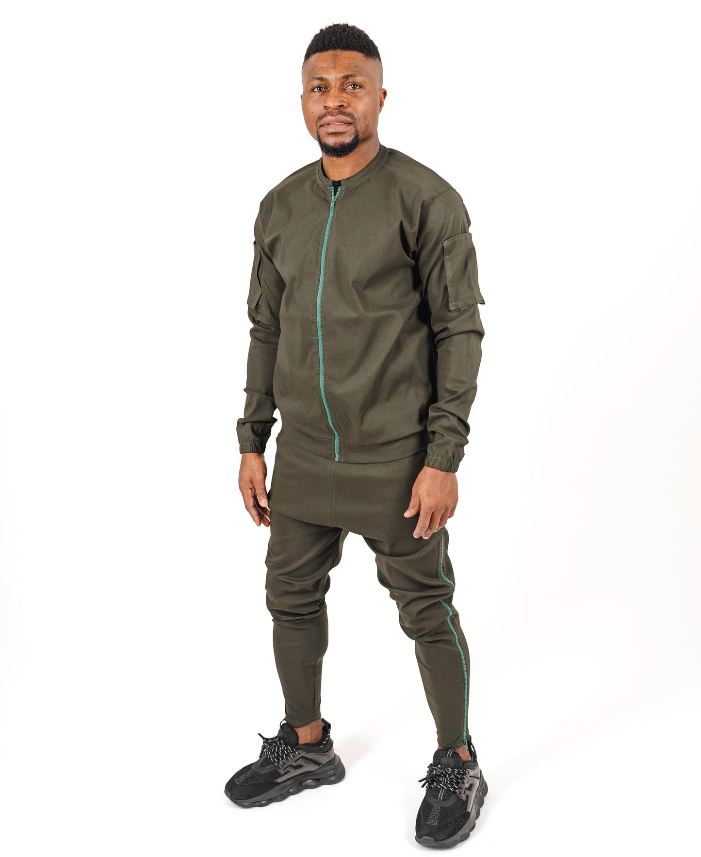 Khaki Two-Piece Set with Green Zip Trim