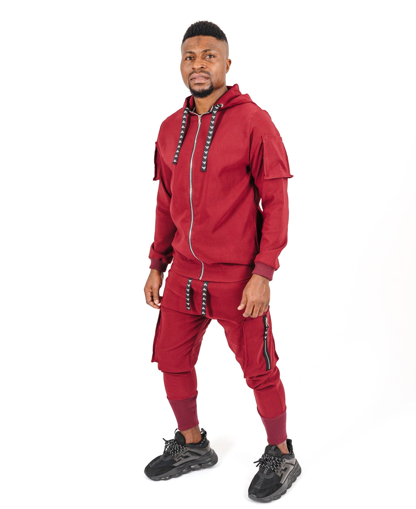 Burgundy Two-Piece Set with Patch Pockets and Logo Drawstring
