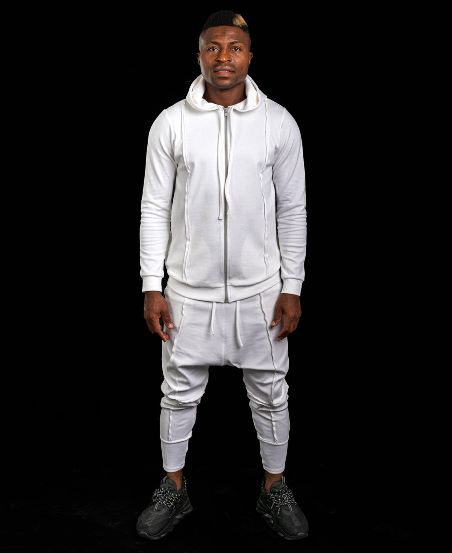 White Two-Piece Set with Statement Graphic and Zip Top