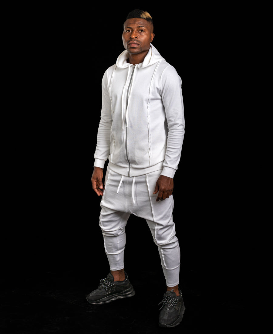 White Two-Piece Set with Statement Graphic and Zip Top
