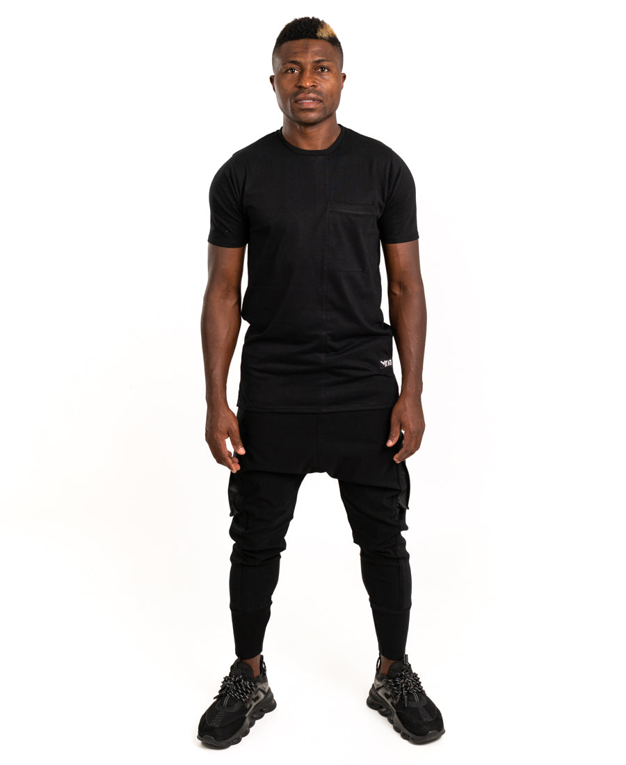 Black trousers with leather pockets