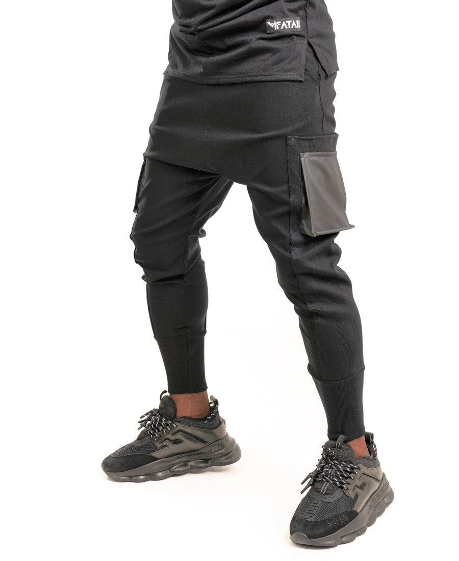 Black trousers with leather pockets