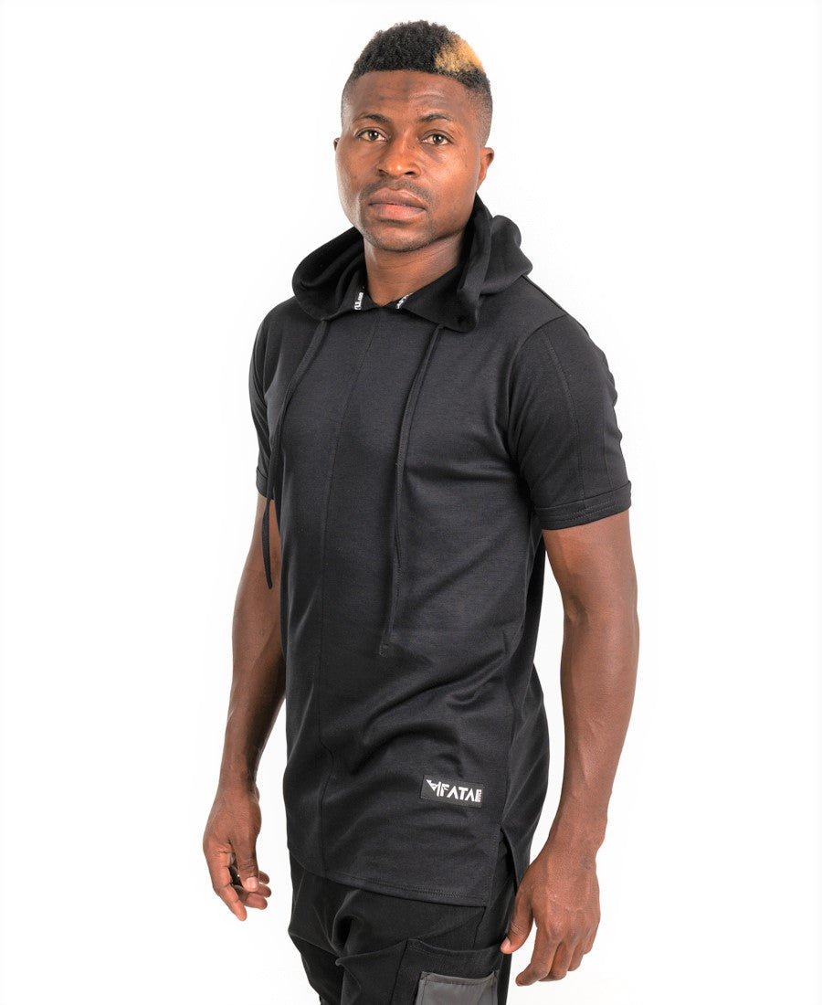 Black Hooded Tee with Sleeve Detail