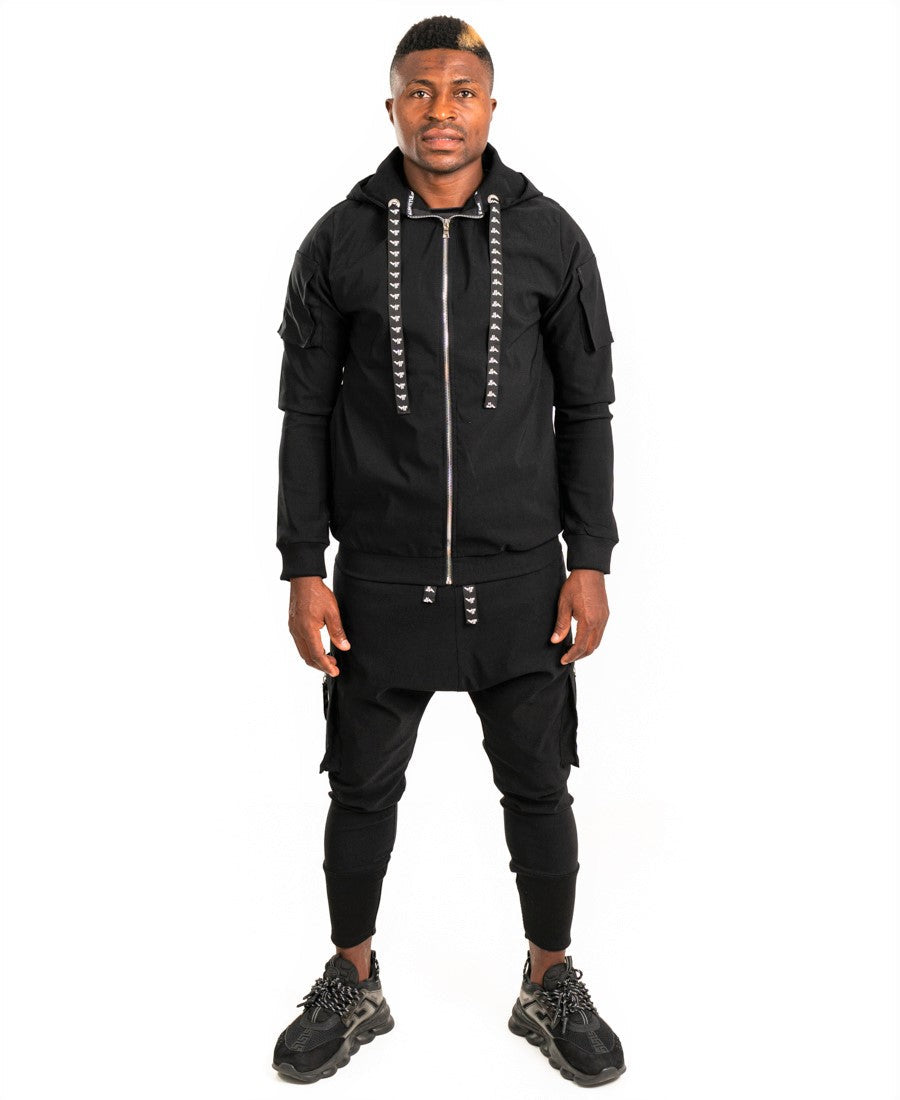 Black Two-Piece Set with Patch Pockets and Logo Drawstring