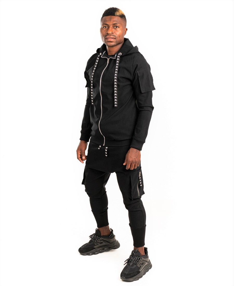 Black Two-Piece Set with Patch Pockets and Logo Drawstring