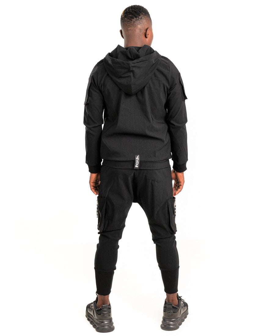 Black Two-Piece Set with Patch Pockets and Logo Drawstring