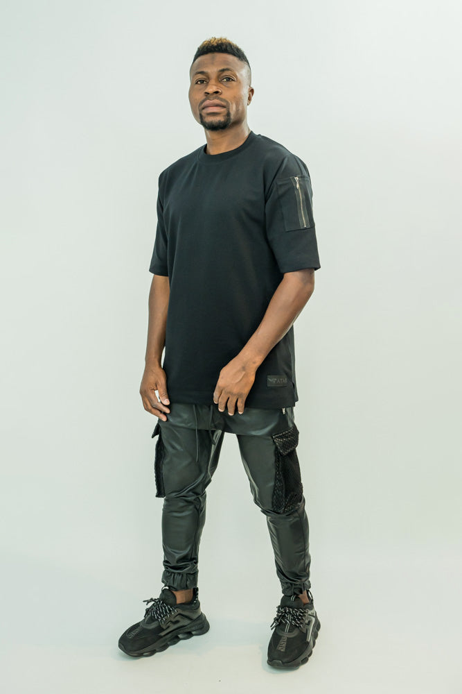 Black leather imitation trousers with net on the pockets