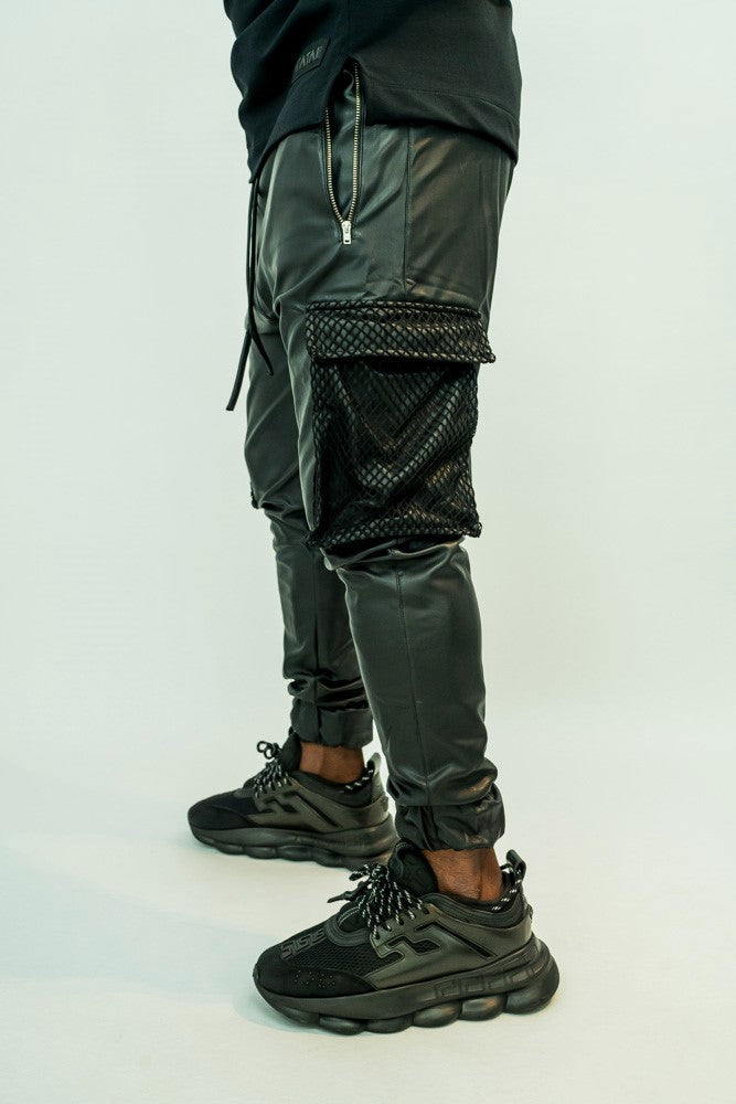 Black leather imitation trousers with net on the pockets