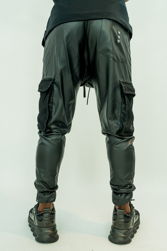 Black leather imitation trousers with net on the pockets