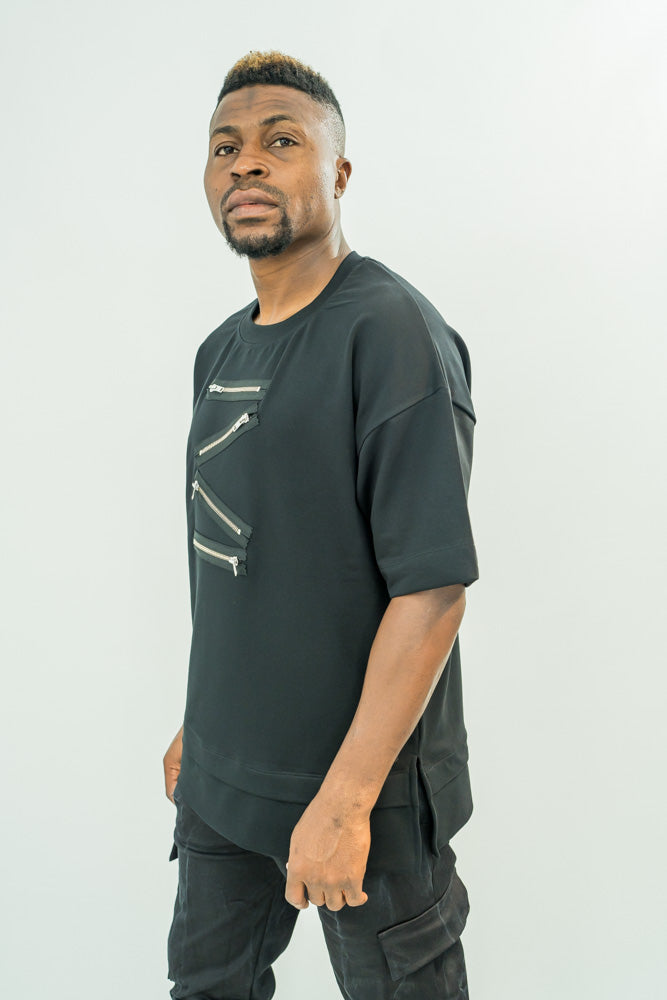 Black T-Shirt with Zip Design and Extension