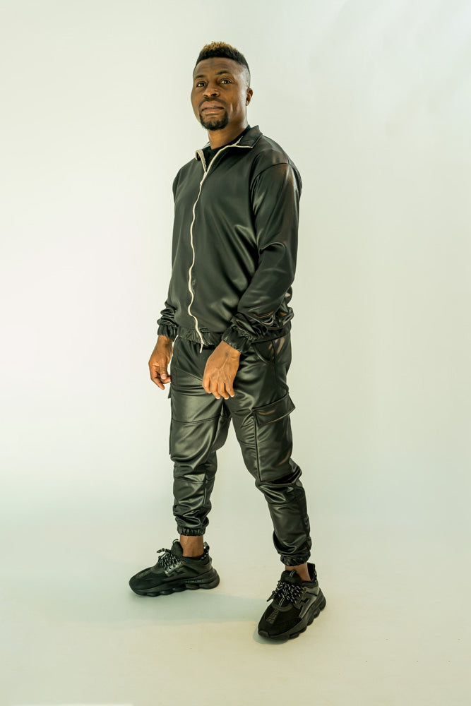 Black Stretch Fabric Tracksuit with Zip Top