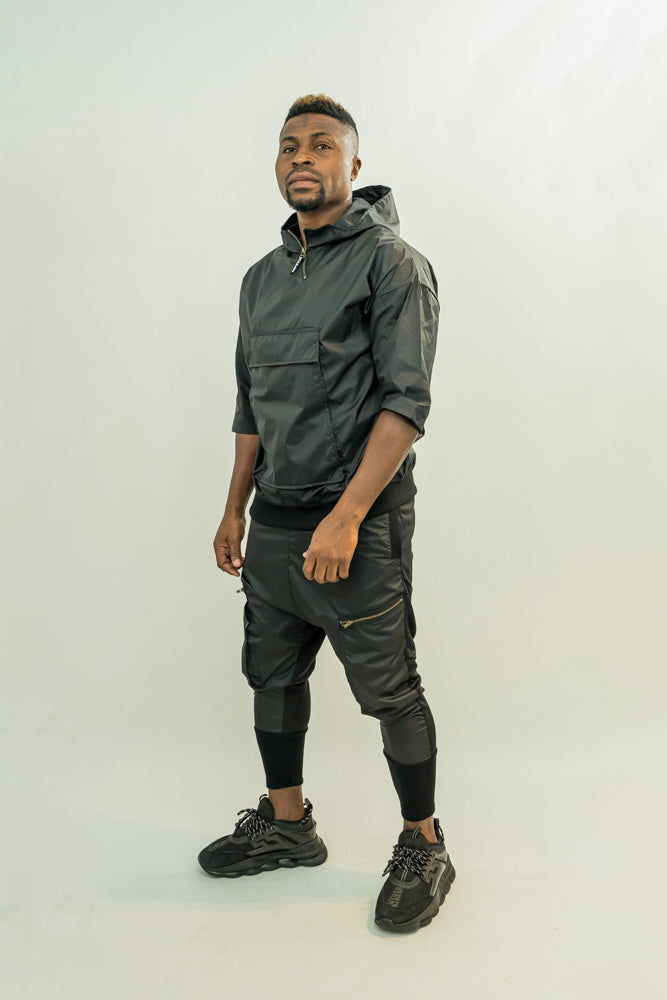 Black Shell-Fabric Hoodie with Short Sleeves