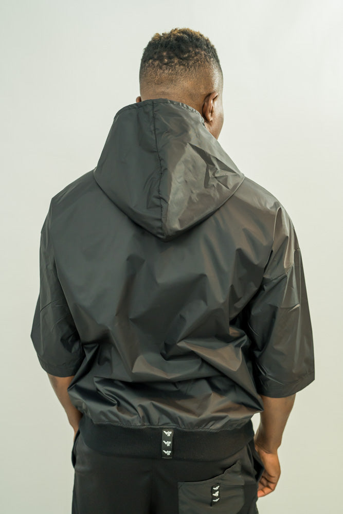 Black Shell-Fabric Hoodie with Short Sleeves