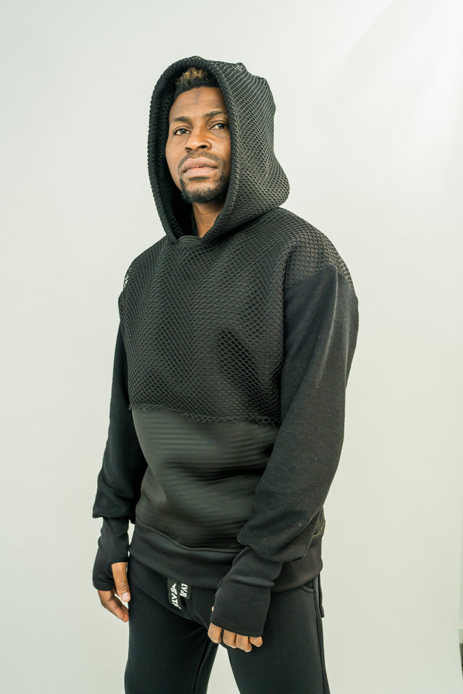 Black Hoodie with Mesh Hood and Thumbhole Sleeves - Fatai Style