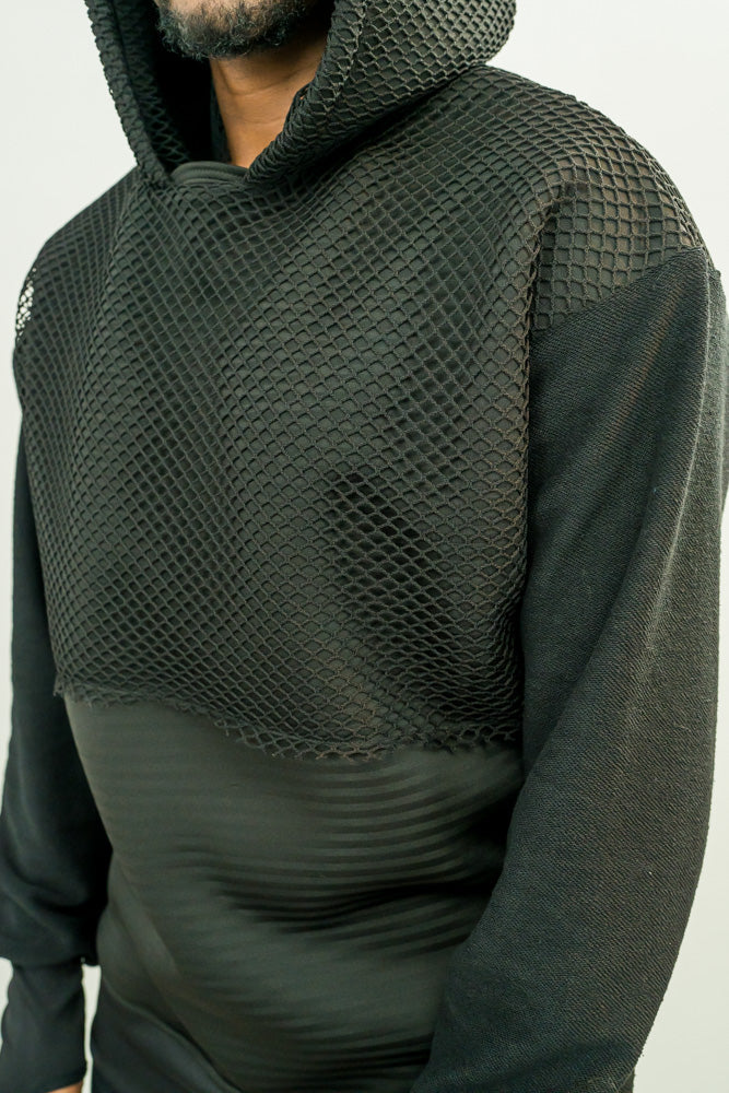 Black Hoodie with Mesh Hood and Thumbhole Sleeves - Fatai Style