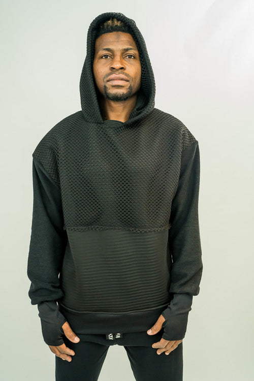 Black Hoodie with Mesh Hood and Thumbhole Sleeves - Fatai Style