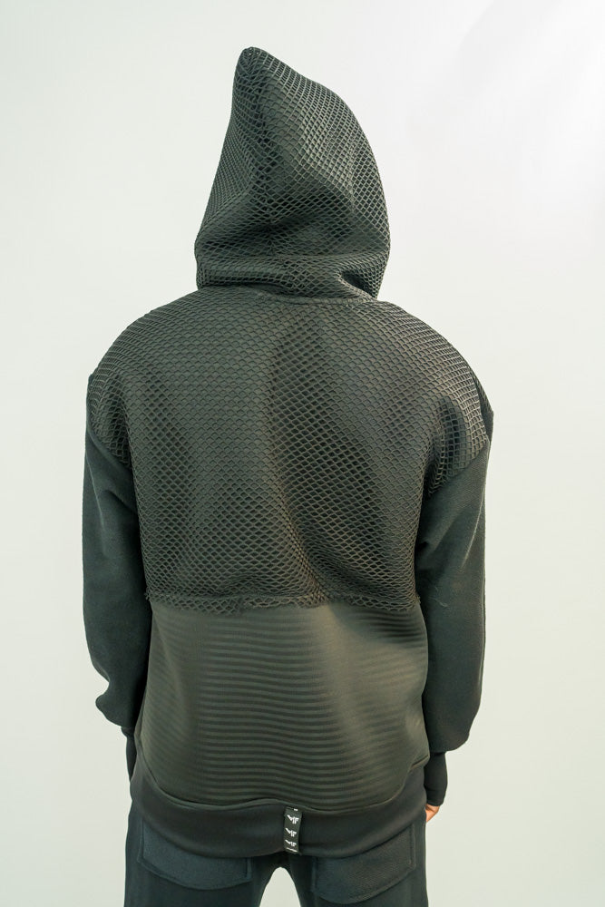 Black Hoodie with Mesh Hood and Thumbhole Sleeves - Fatai Style