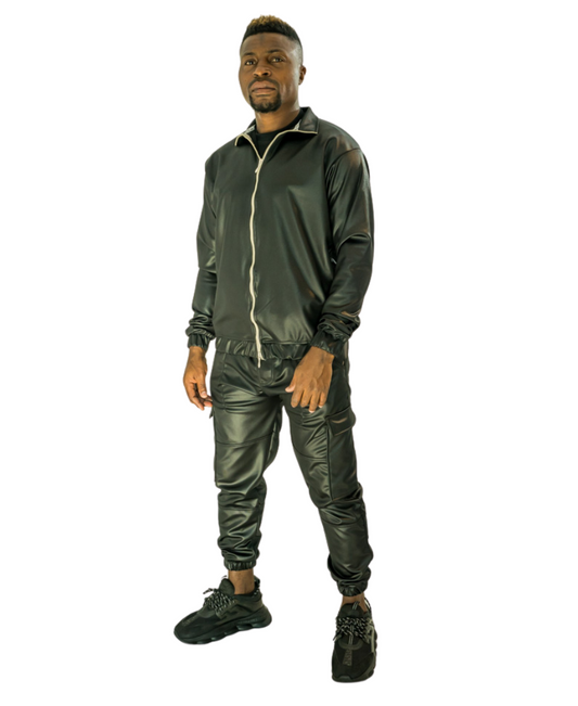 Black Stretch Fabric Tracksuit with Zip Top