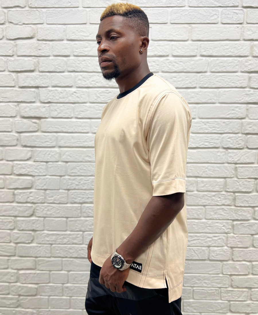 Cream T-Shirt with Black Stitch Detailing